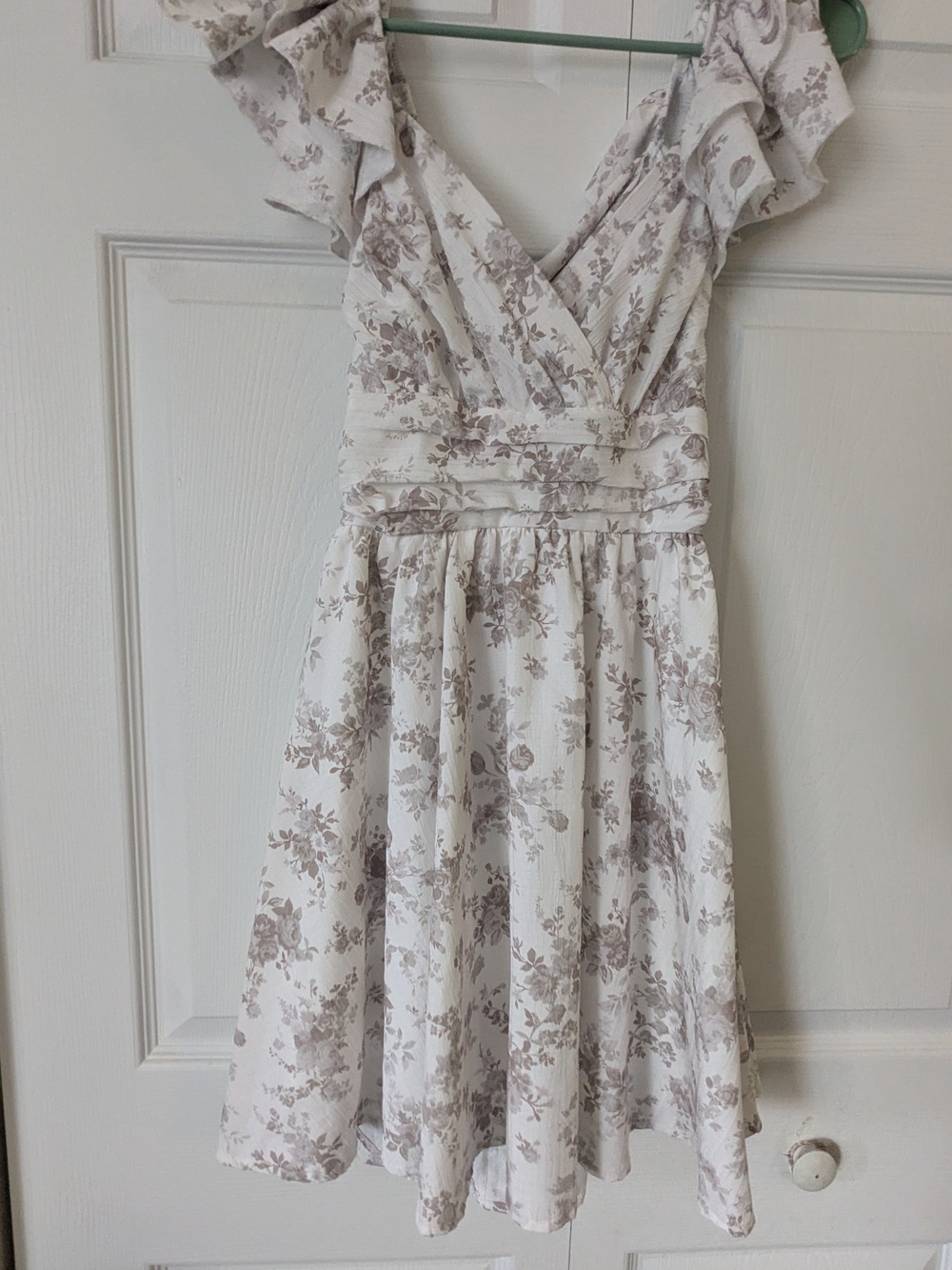 Altar'd State Floral Ruffle V-Neck Dress in Cream and Taupe